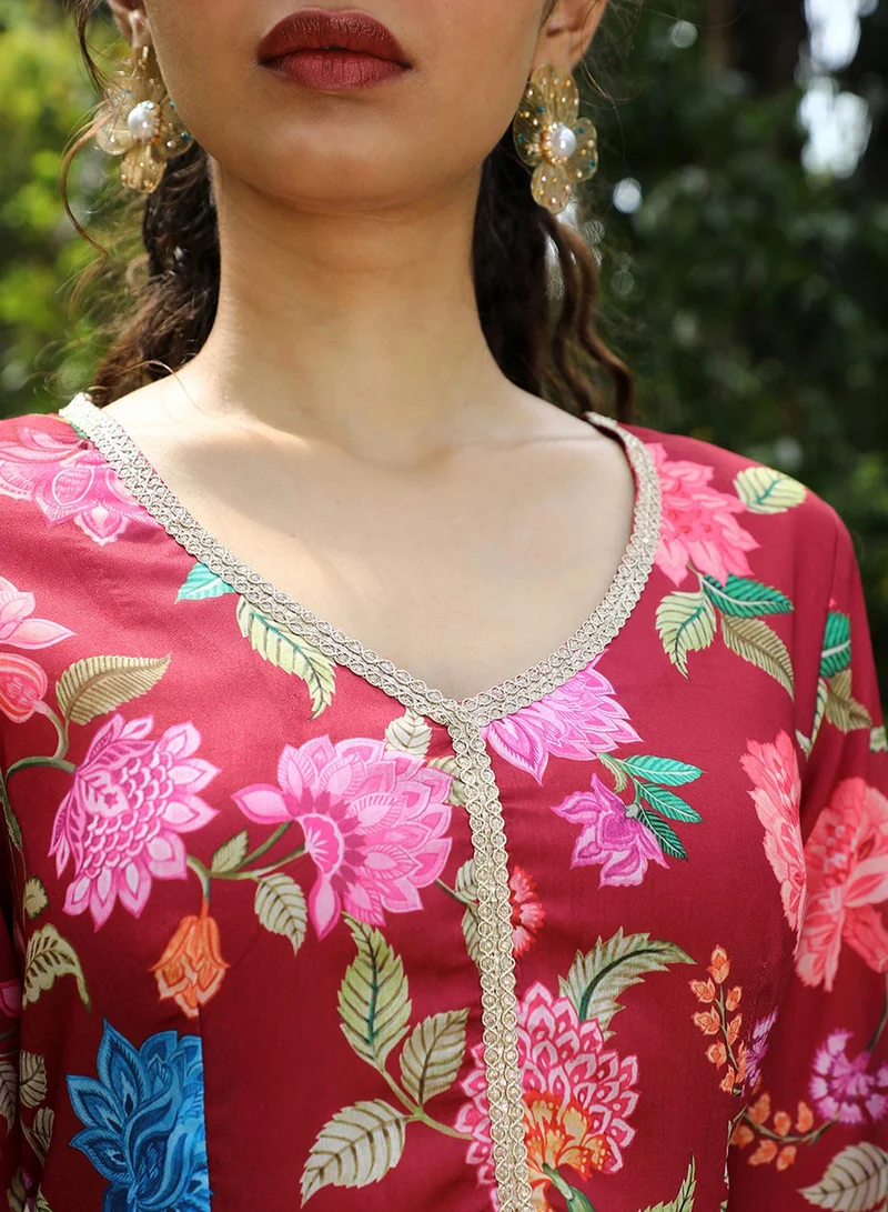 Qissa  Women's Crimson Red Flora Cluster Kurta With Trousers And Dupatta For Casual Wear | V-Neck | Quarter Sleeve | 3 Piece Kurta Set Designed With Comfort Fit For Everyday Ethnic Wear for Women | Best Price UAE